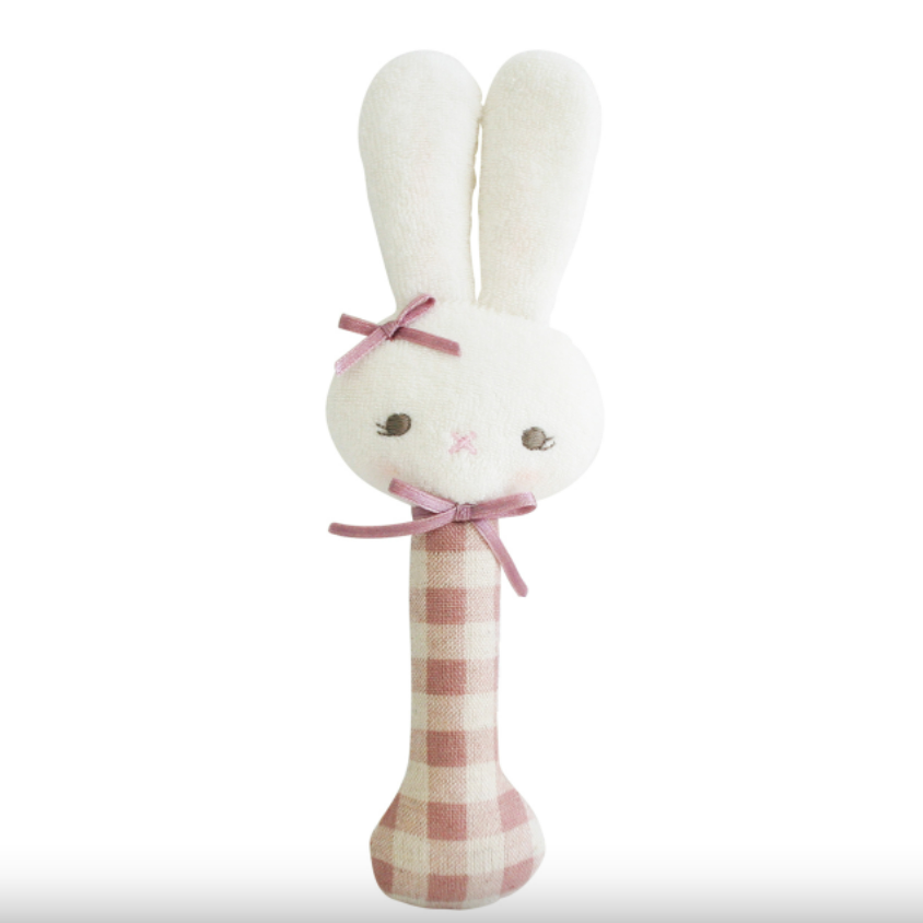 Alimrose Bunny Stick Rattle Rose Check