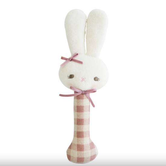 Alimrose Bunny Stick Rattle Rose Check