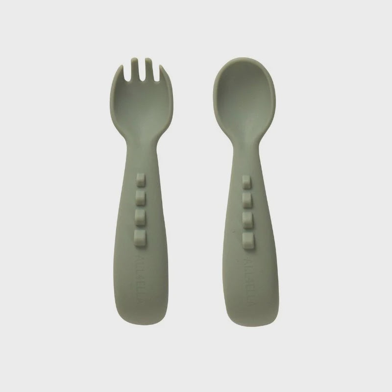 All4Ella Silicone Comfy Grip Cutlery - Spoon & Fork Set - Olive