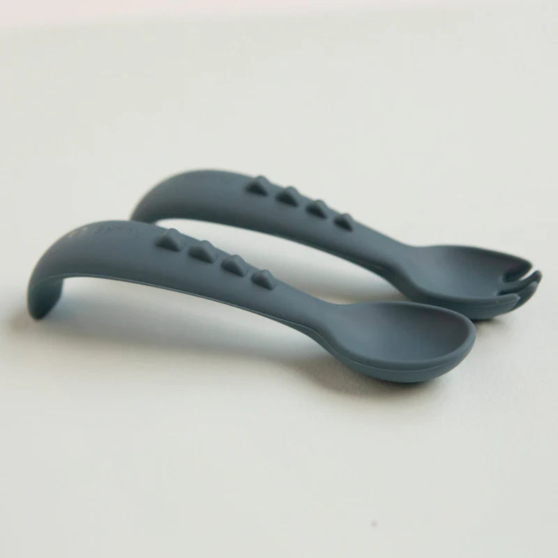 All4Ella Silicone Comfy Grip Cutlery - Spoon & Fork Set - Slate Blue