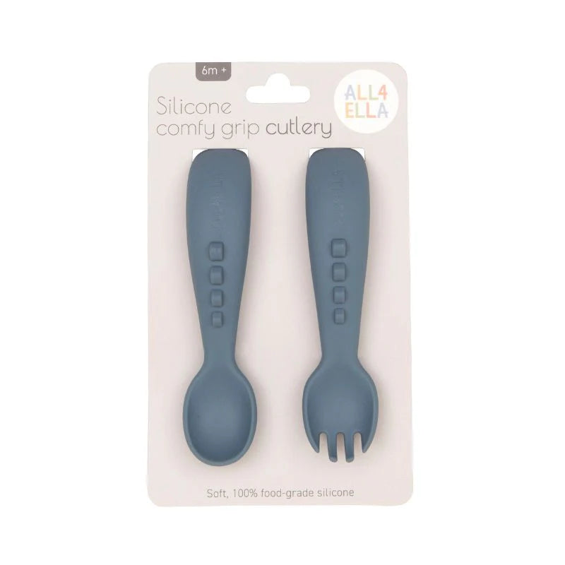 All4Ella Silicone Comfy Grip Cutlery - Spoon & Fork Set - Slate Blue