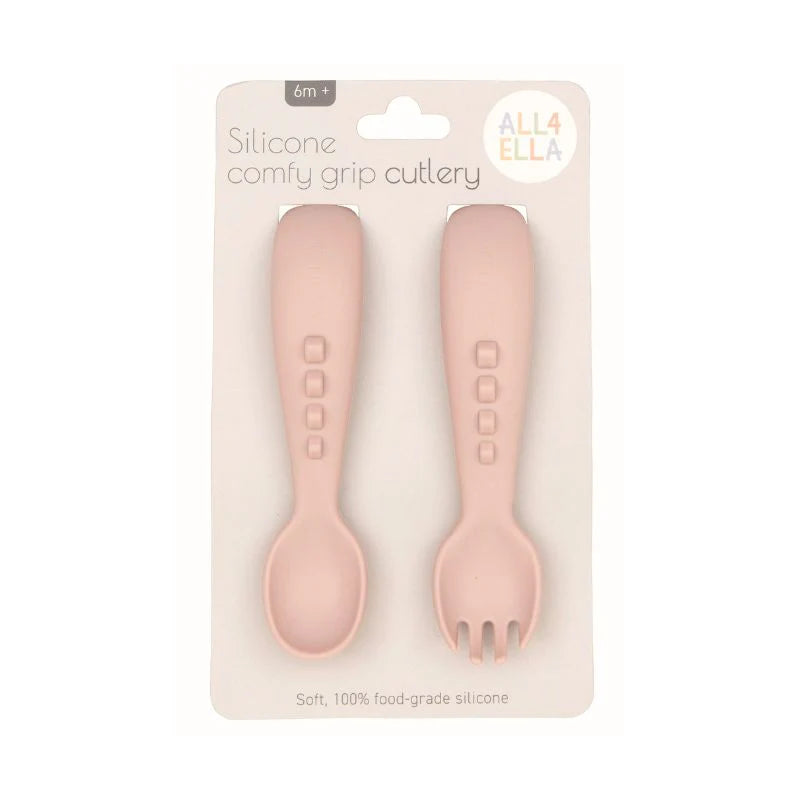 All4Ella Silicone Comfy Grip Cutlery - Spoon & Fork Set - Dusty Pink