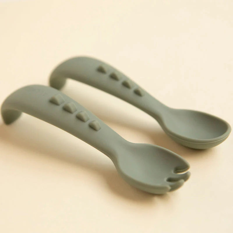 All4Ella Silicone Comfy Grip Cutlery - Spoon & Fork Set - Olive