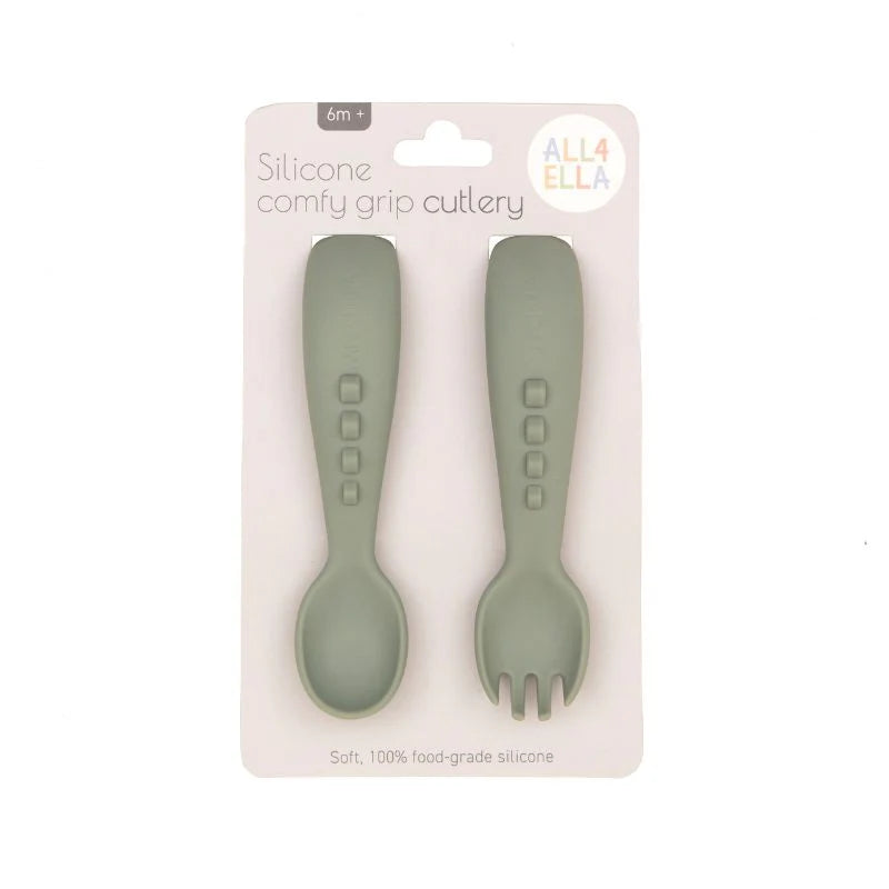 All4Ella Silicone Comfy Grip Cutlery - Spoon & Fork Set - Olive
