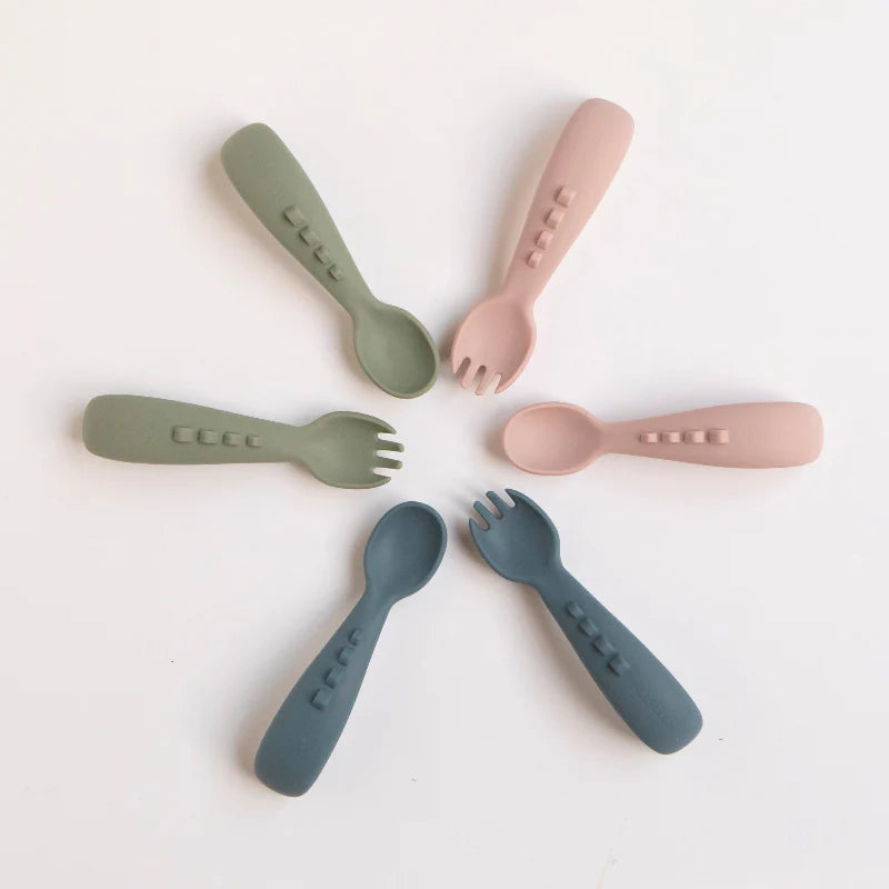 All4Ella Silicone Comfy Grip Cutlery - Spoon & Fork Set - Olive