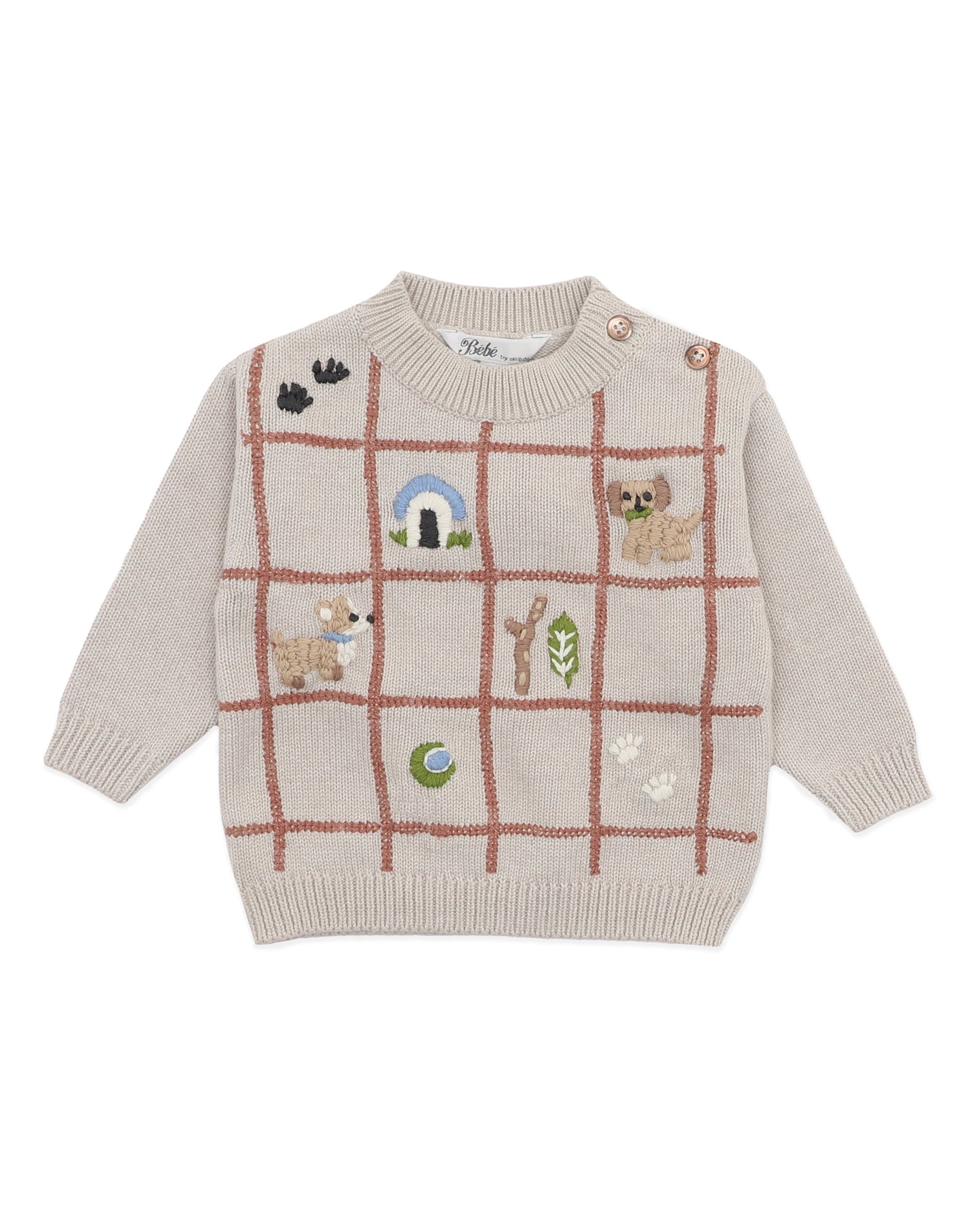 Bebe Otto Puppy Grid Organic Knitted Jumper - Oat