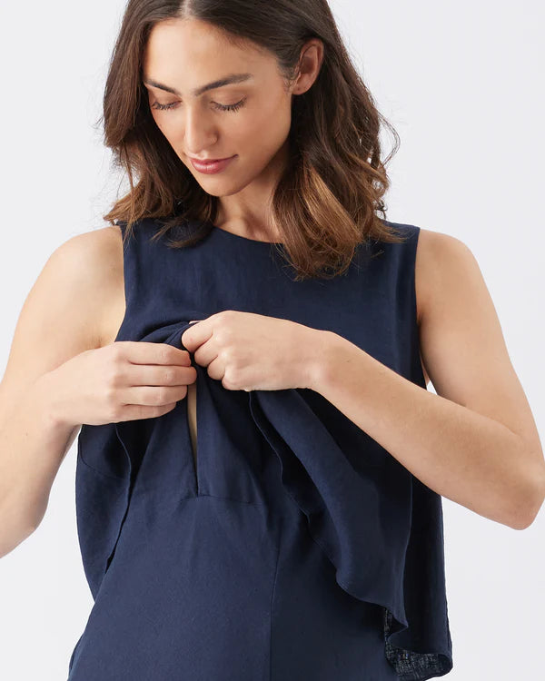 Ripe Lena Linen Nursing Dress - Navy