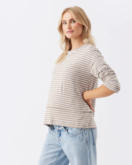 Ripe Claudette L/S Nursing Top - Taupe/White