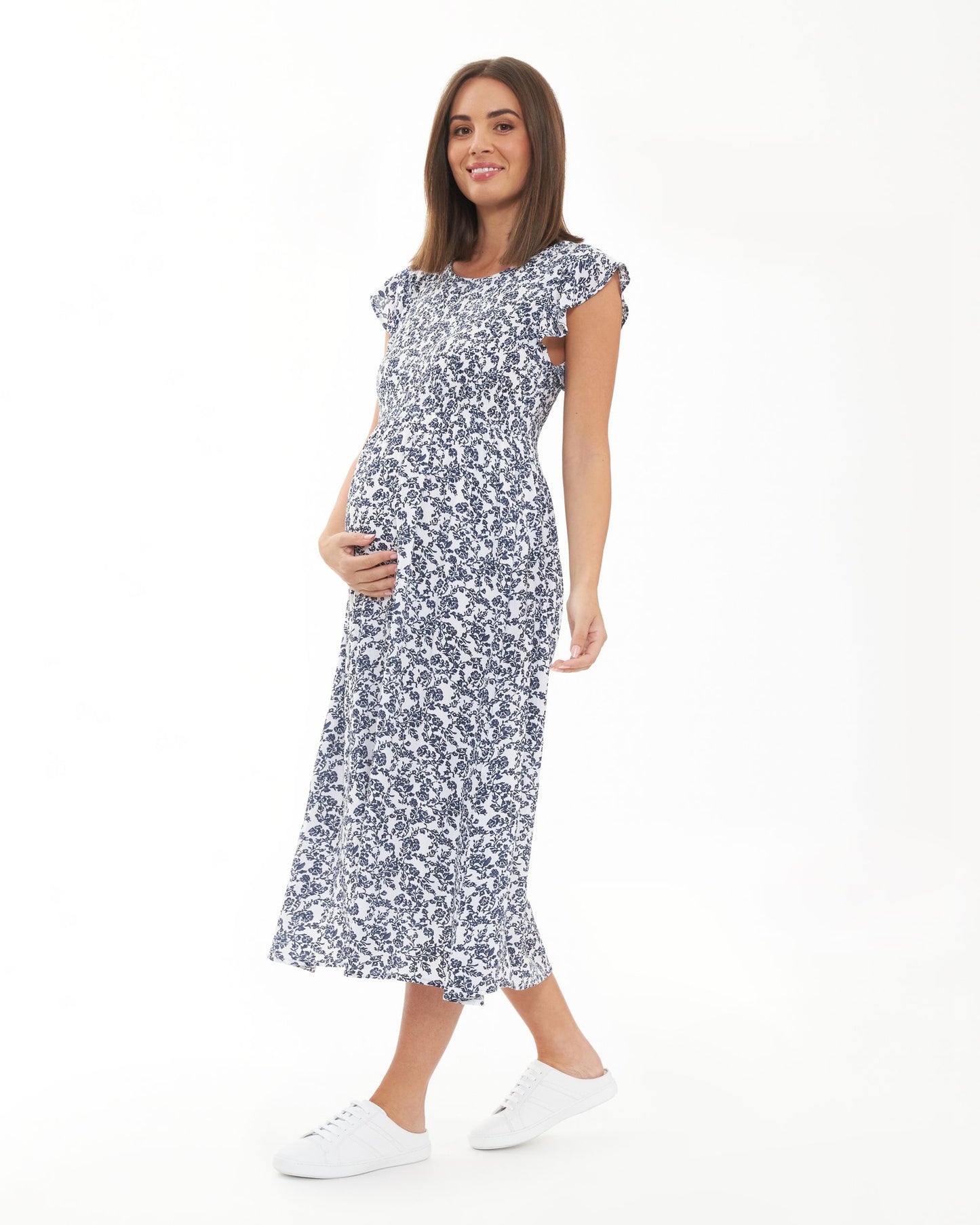 Ripe Joyce Shirred Dress - White/Navy