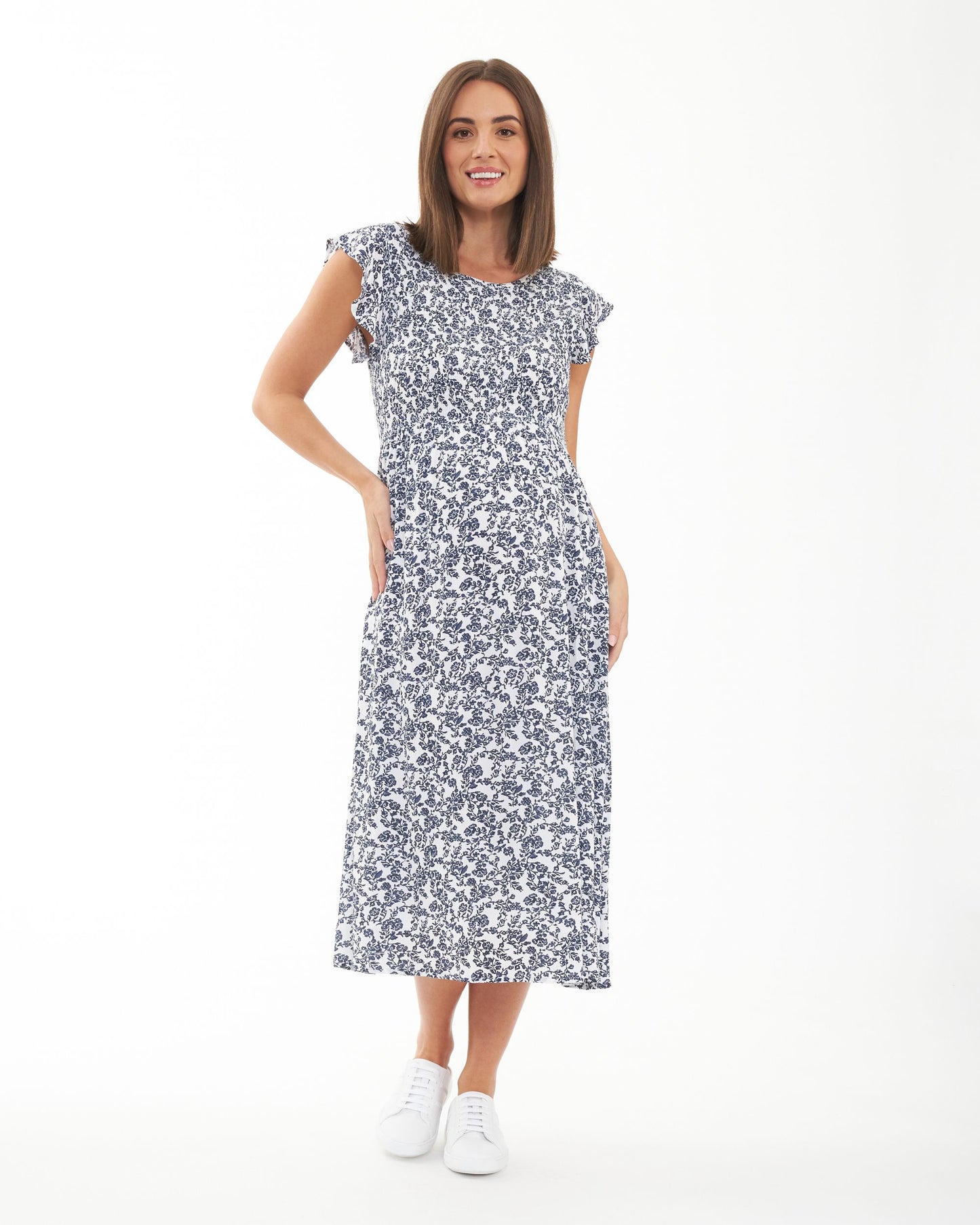 Ripe Joyce Shirred Dress - White/Navy