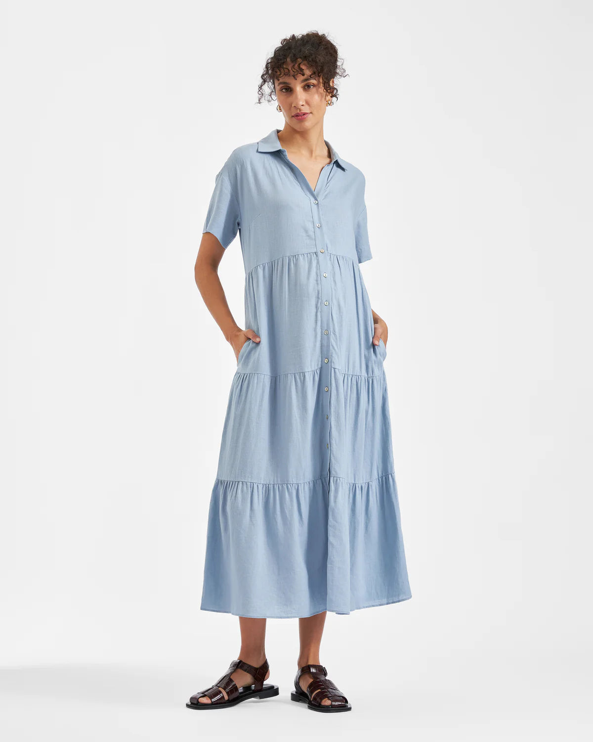 Ripe Macy Long Line Linen Dress  - Pale Blue