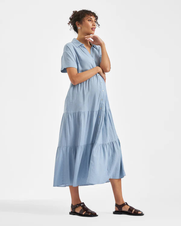 Ripe Macy Long Line Linen Dress  - Pale Blue