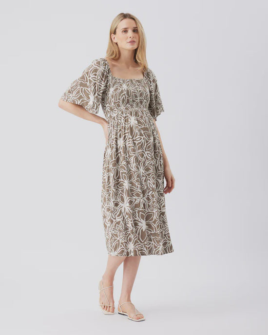 Ripe Alona Shirred Dress - Olive/White