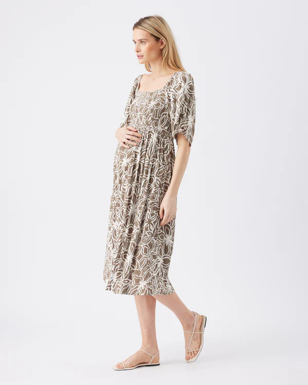 Ripe Alona Shirred Dress - Olive/White