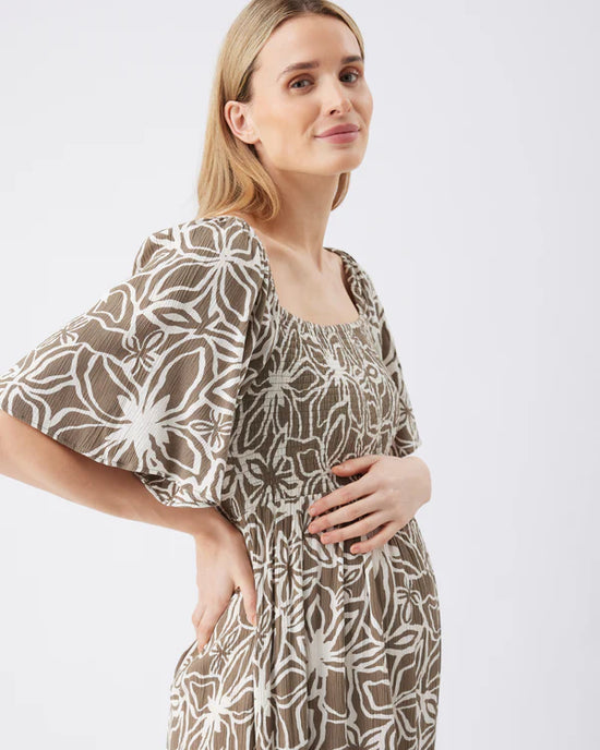 Ripe Alona Shirred Dress - Olive/White