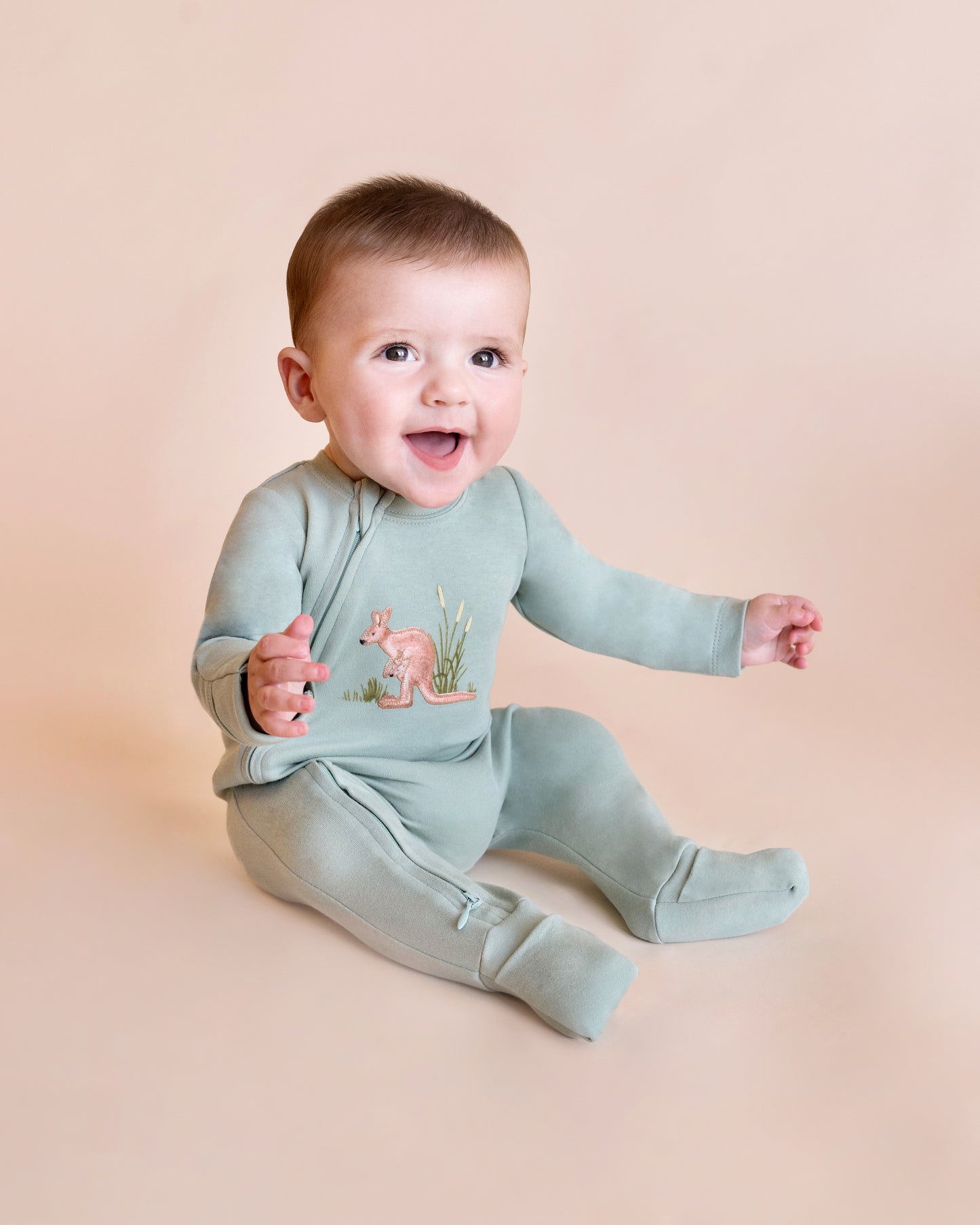 Bebe Charlie Kangaroo Organic LS Zipsuit - Dusty Green