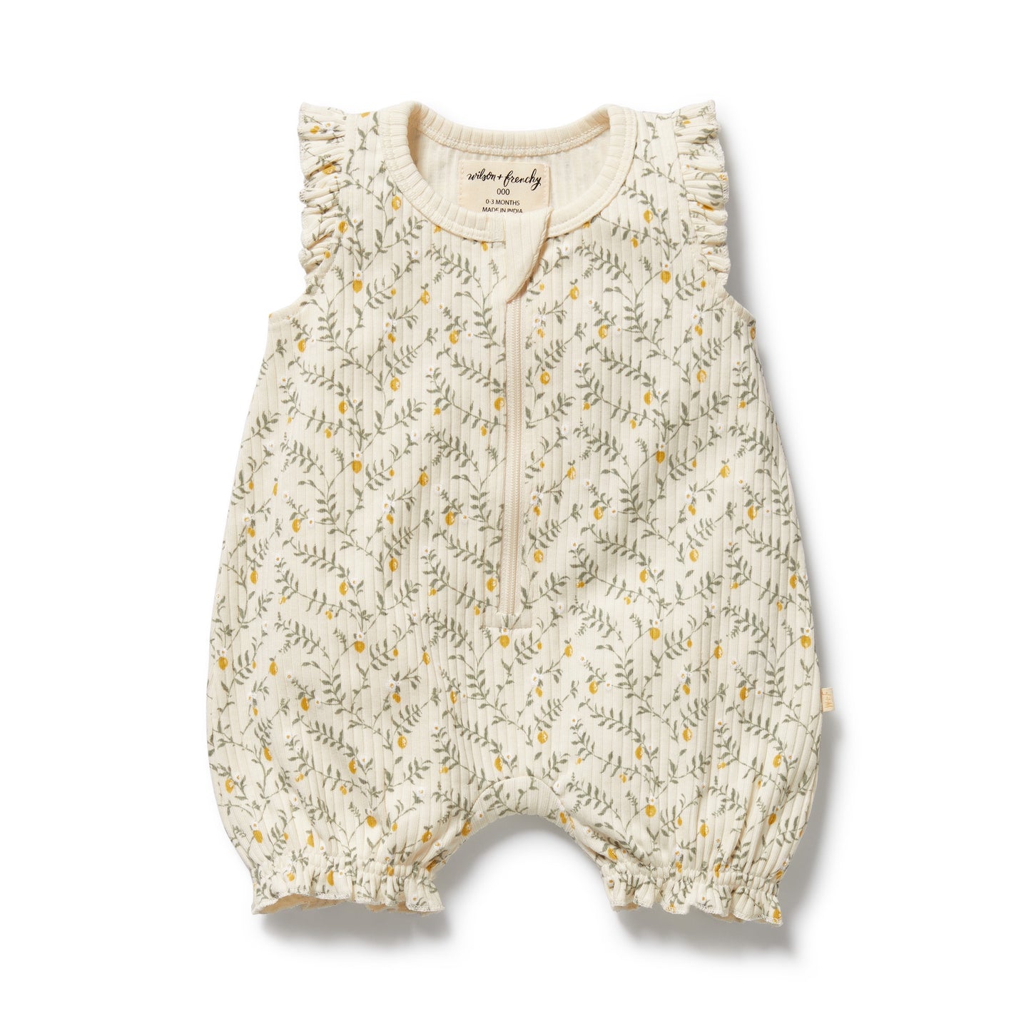 W&F Lemon Leaf Organic Ruffle Zipsuit