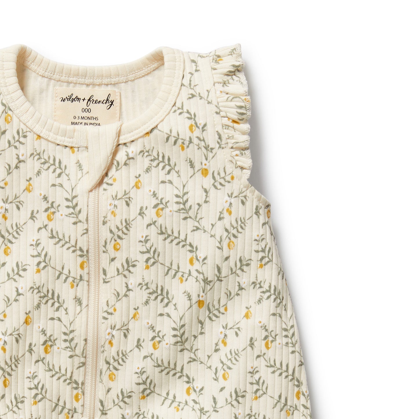 W&F Lemon Leaf Organic Ruffle Zipsuit