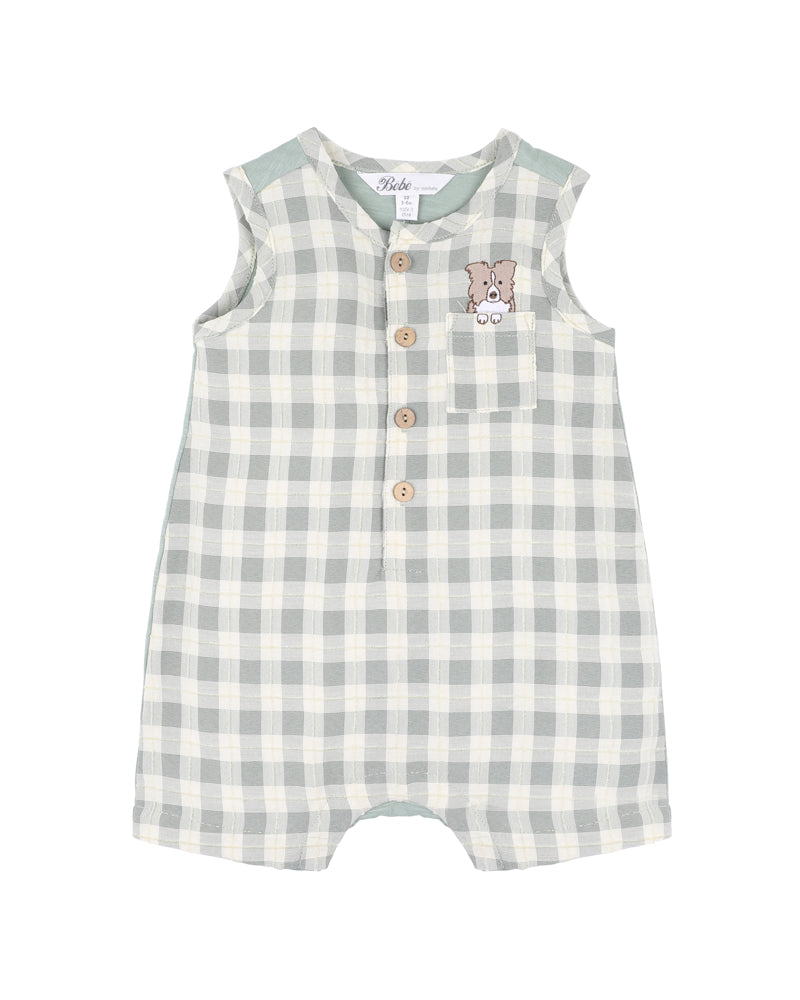 Bebe Chester Embroidered Check Romper - Sage Green Check