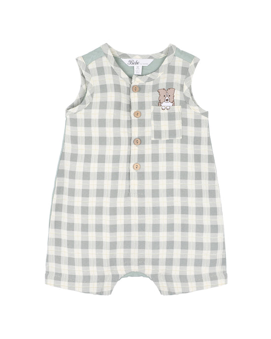 Bebe Chester Embroidered Check Romper - Sage Green Check