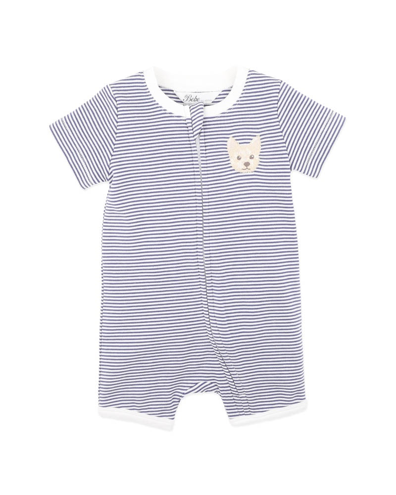 Bebe Alexi Organic Stripe SS Zip Romper - Blue Stripe