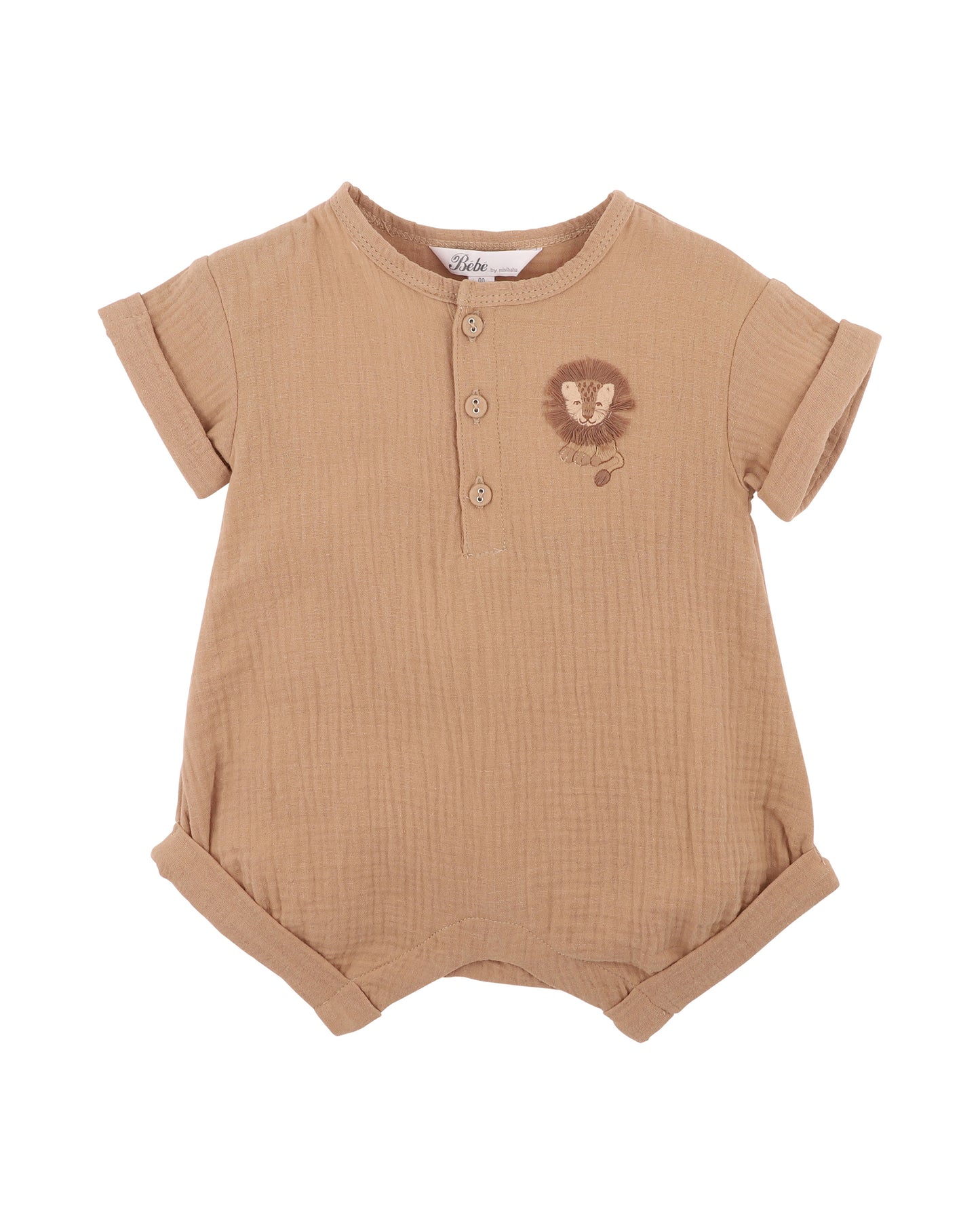 Bebe Sway Textured Embroidered Lion Romper - Coffee