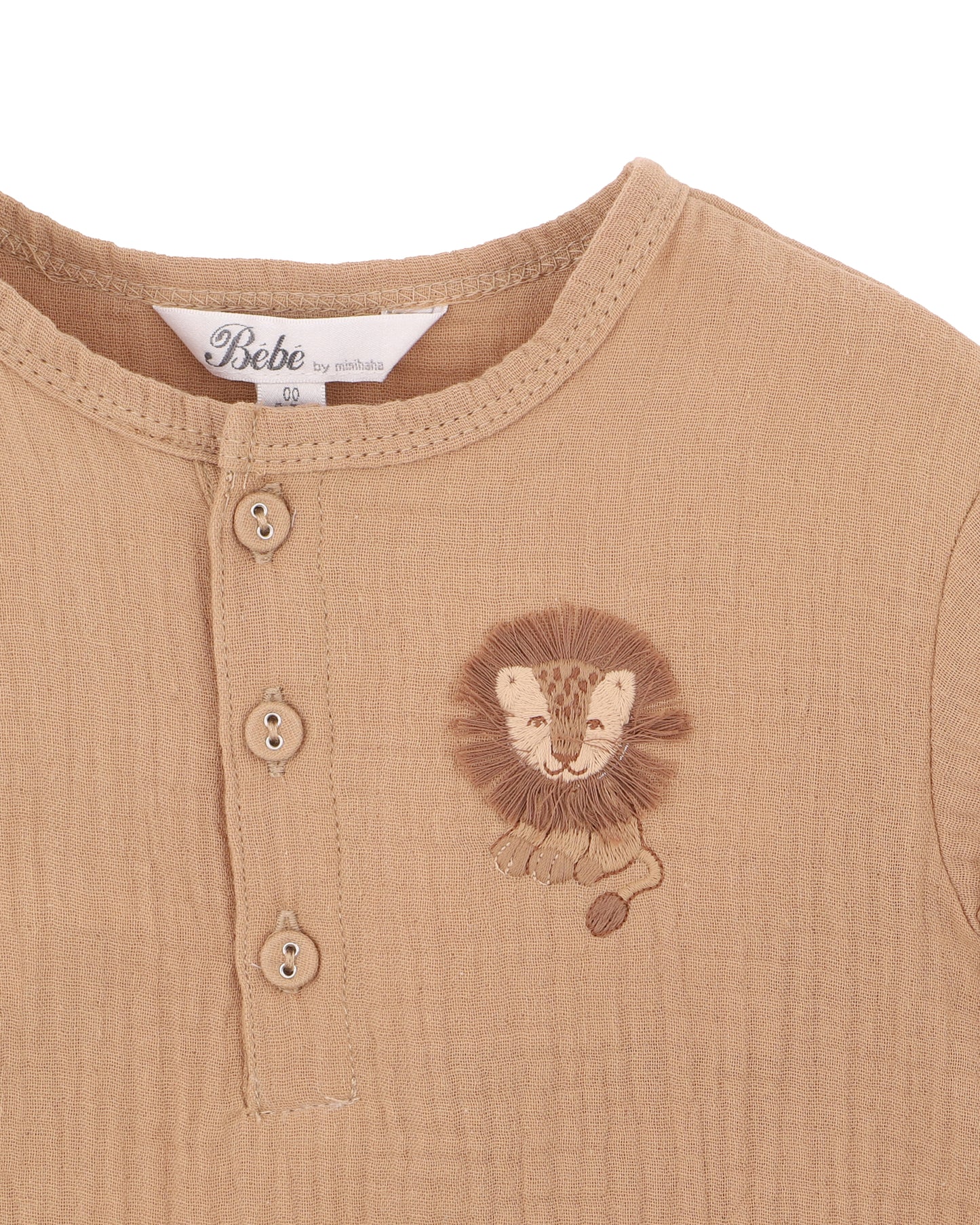 Bebe Sway Textured Embroidered Lion Romper - Coffee