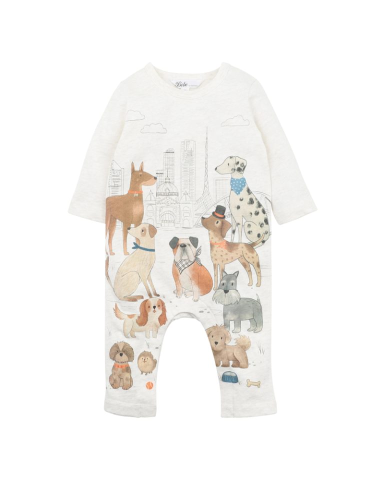 Bebe Austin Dog Scene Romper - Oat Marle