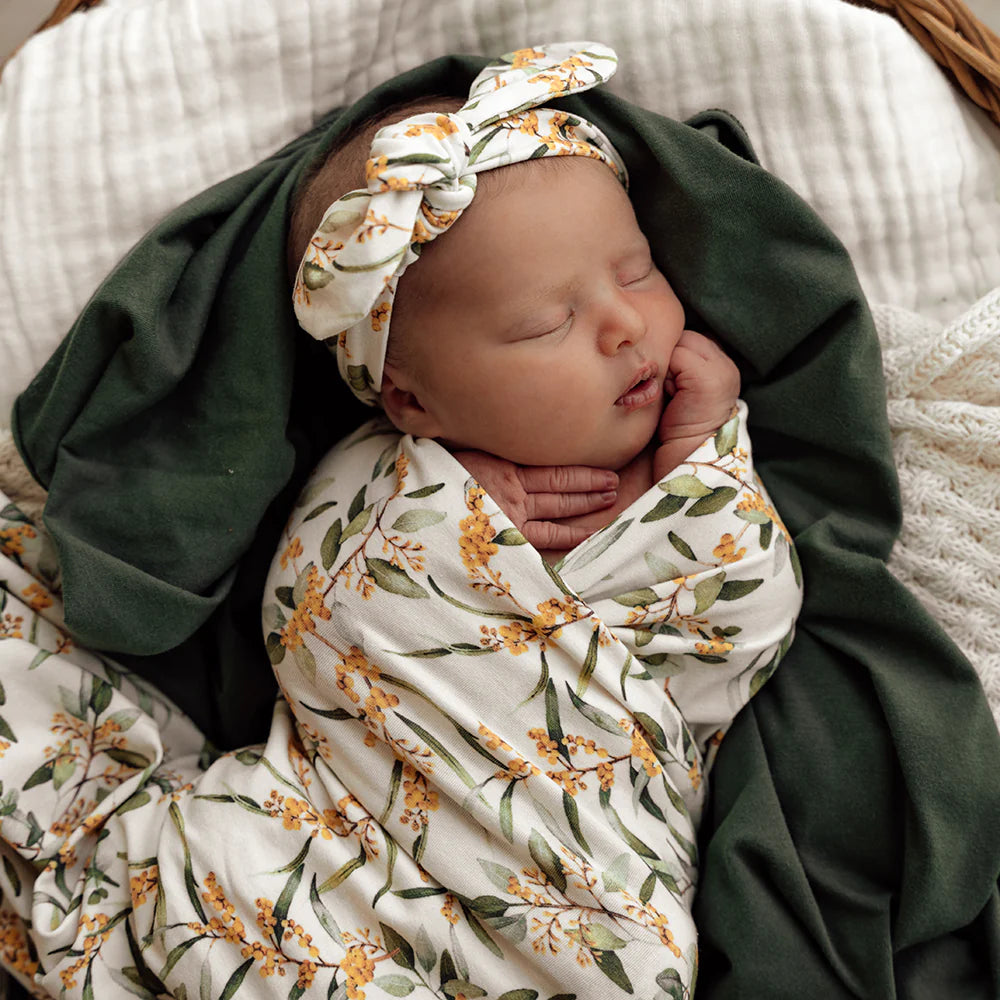 Snuggle Hunny Golden Wattle Organic Jersey Wrap & Topknot Set