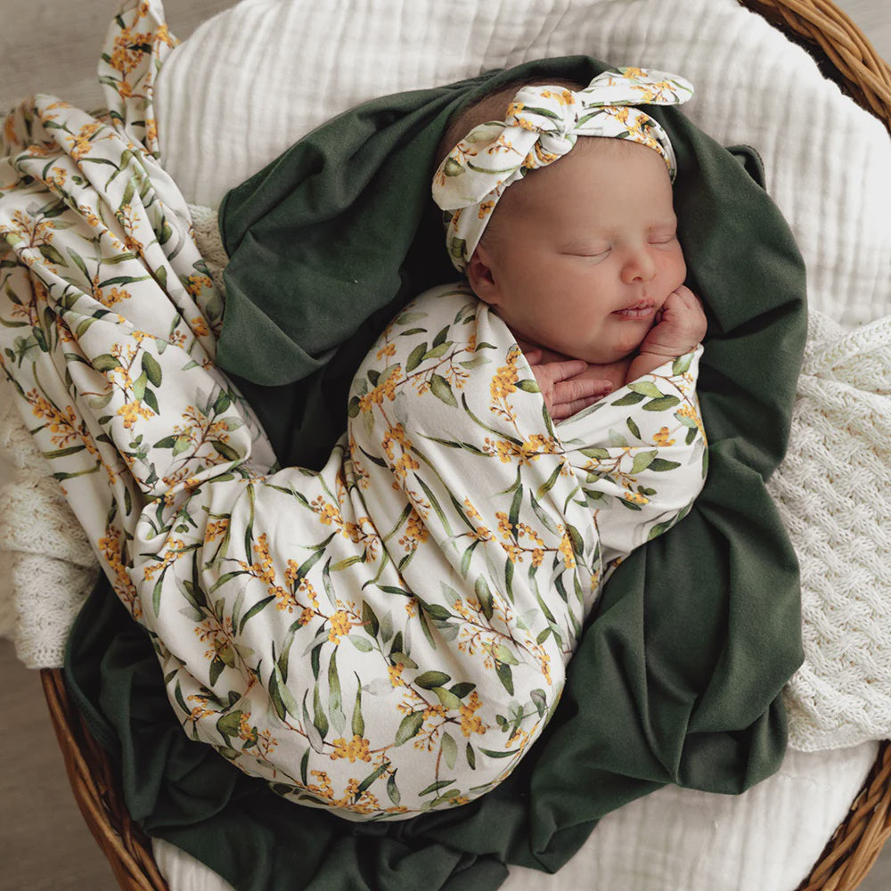 Snuggle Hunny Golden Wattle Organic Jersey Wrap & Topknot Set
